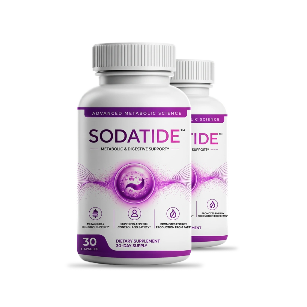 Two bottles of Sodatide prebiotic probiotic supplement for 60 day gut health supply