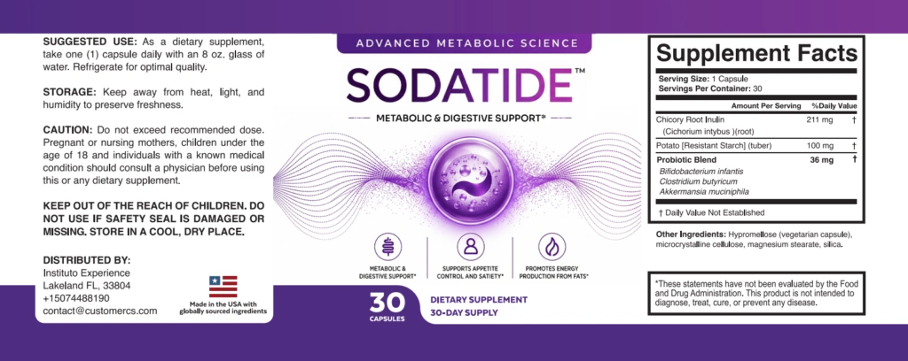 Sodatide supplement facts label showing prebiotic and probiotic ingredient list